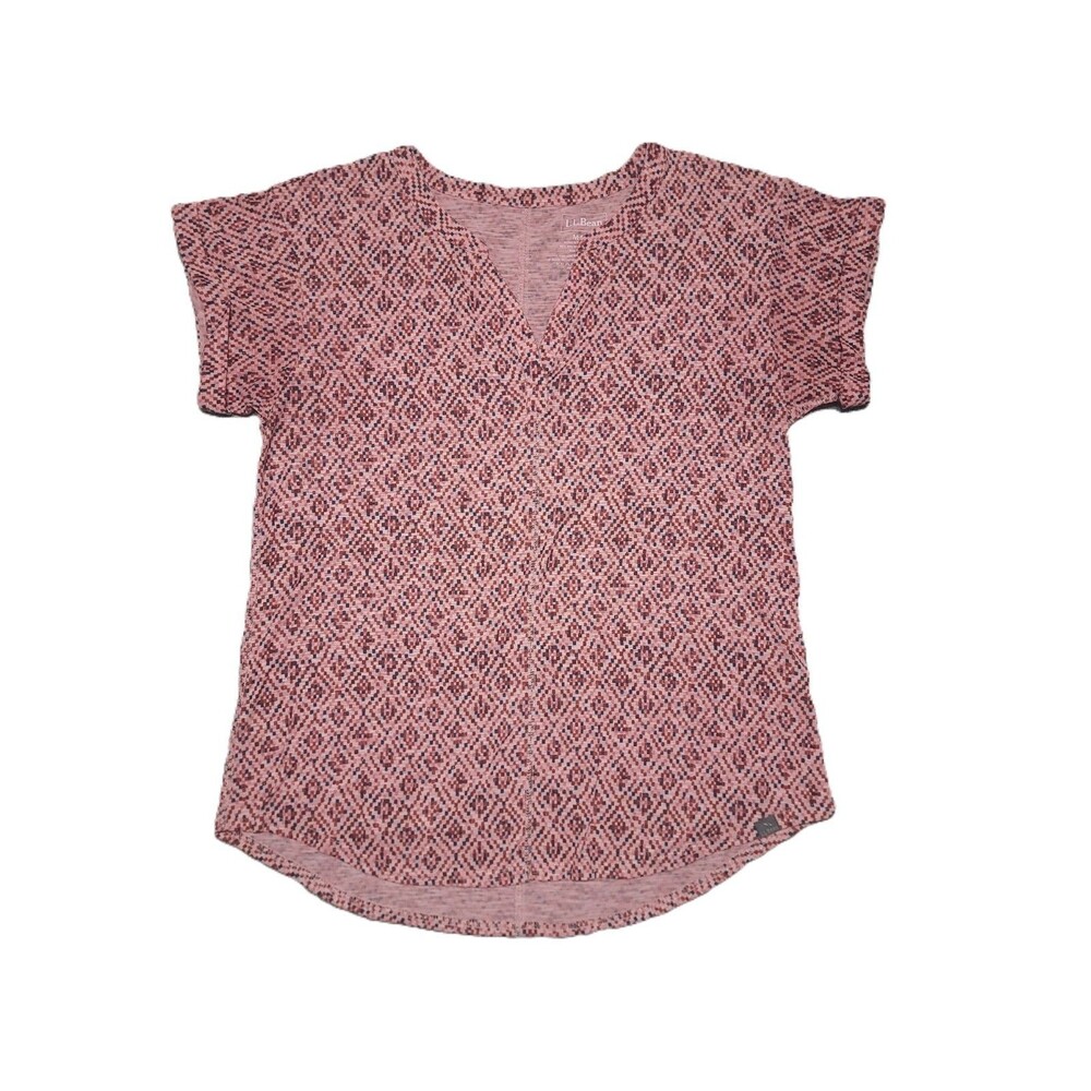 LL Bean Streamside Tee Shirt Womens M Pink Geometric Short Sleeve V Neck Top